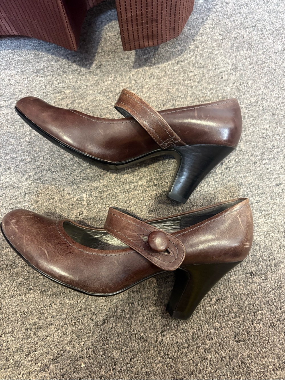 Classic Brown Leather Mary Jane Heels with Button Strap